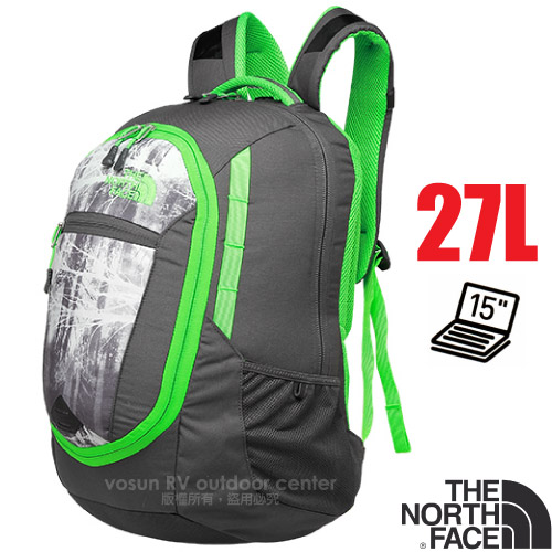 【The North Face】PIVOTER 輕量抗撕裂多功能後背包27L/可容15吋筆電/CHJ8 墨灰印花/氪綠✿30E010
